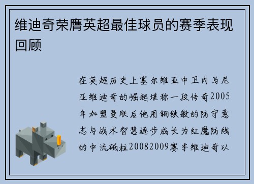 维迪奇荣膺英超最佳球员的赛季表现回顾